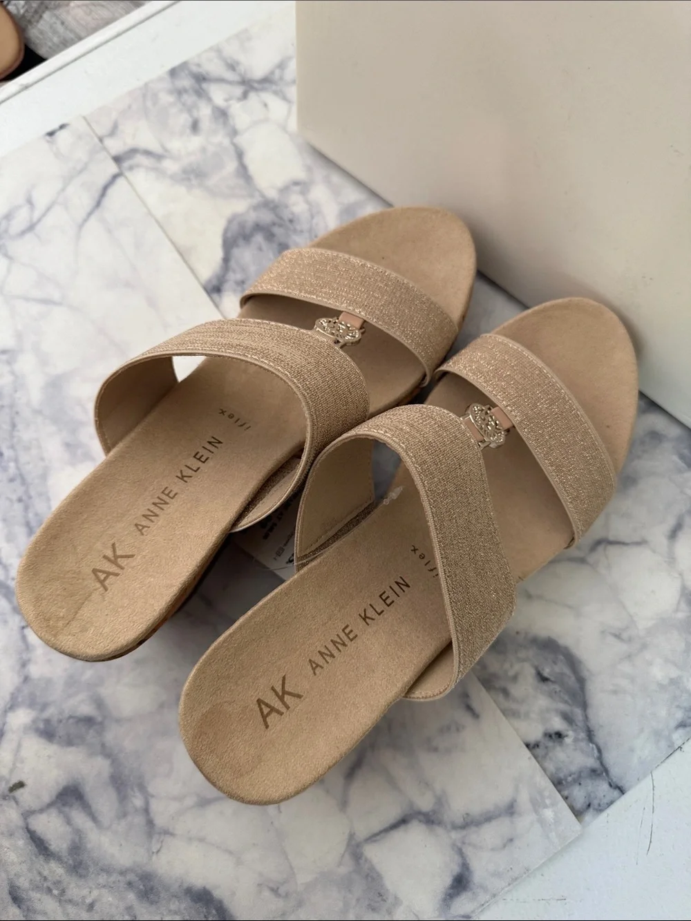 Anne Klein Beige/Tan Sparkle Double‑Strap Wedge Sandals